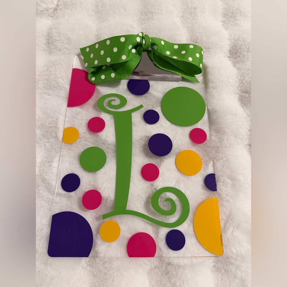 Colorful Polka Dot Acrylic Clipboard with Green Ribbon Personalized with “L”
